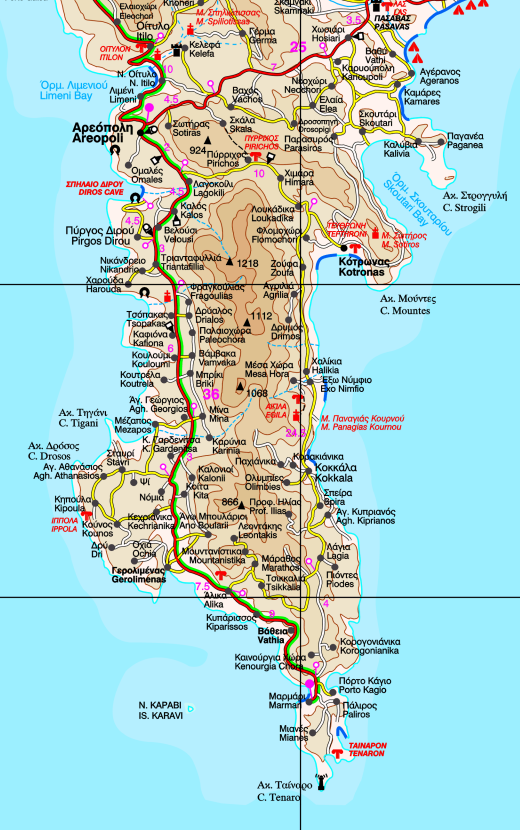 Landkarte der südlichen Máni mit der Halbinsel Tigáni